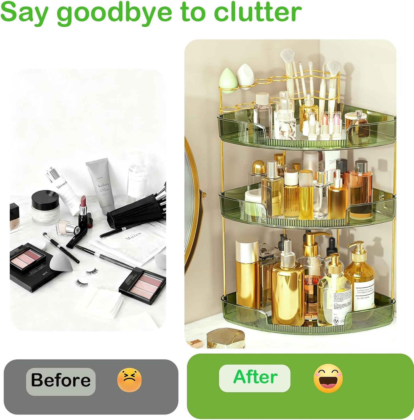 FELIZHOUSE 3-Tier Makeup Organizer for Vanity & Bathroom Countertop – Acrylic Storage Shelf with Perfume Tray & Makeup Brush Holder, Tool-Free Installation, Design for Bathroom & Dresser - Green