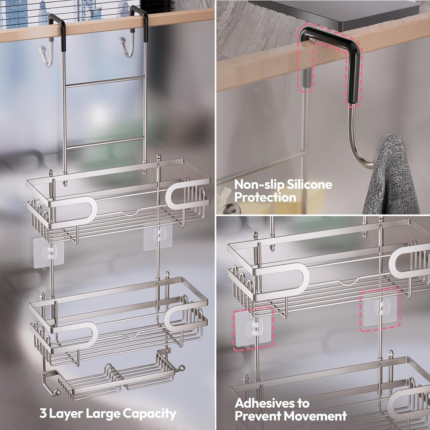 SWTYMIKI Over The Door Shower Caddy - Stainless Steel Hanging Shower Organizer With Soap Holder & 16 Hooks No Drilling Hanging Caddy Over Door To Organize Bathroom Essentials, Sand Nickel
