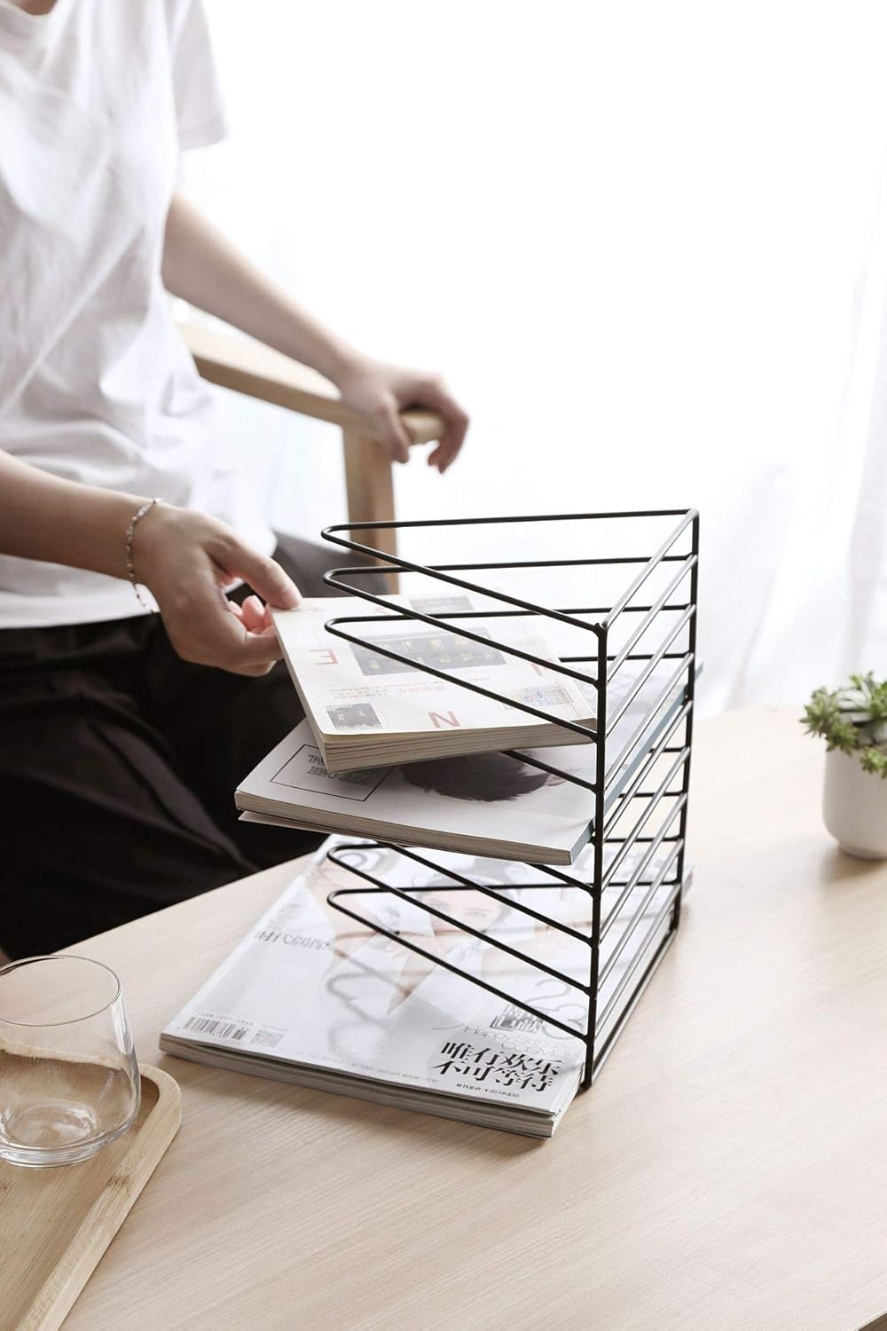 Sooyee 9 Slot White Magazine Holder,Desktop File Sorter Organizer Triangle Bookshelf Decor Home Office