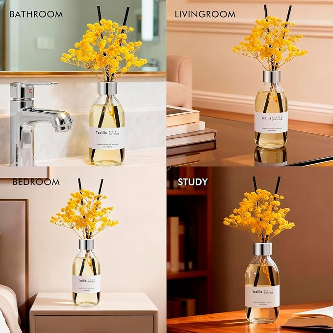 Clesh Reed Diffuser Set, 6.7 oz Vanilla Scented Diffuser with Sticks, Home Fragrance Reed Diffuser for Bathroom Shelf Decor