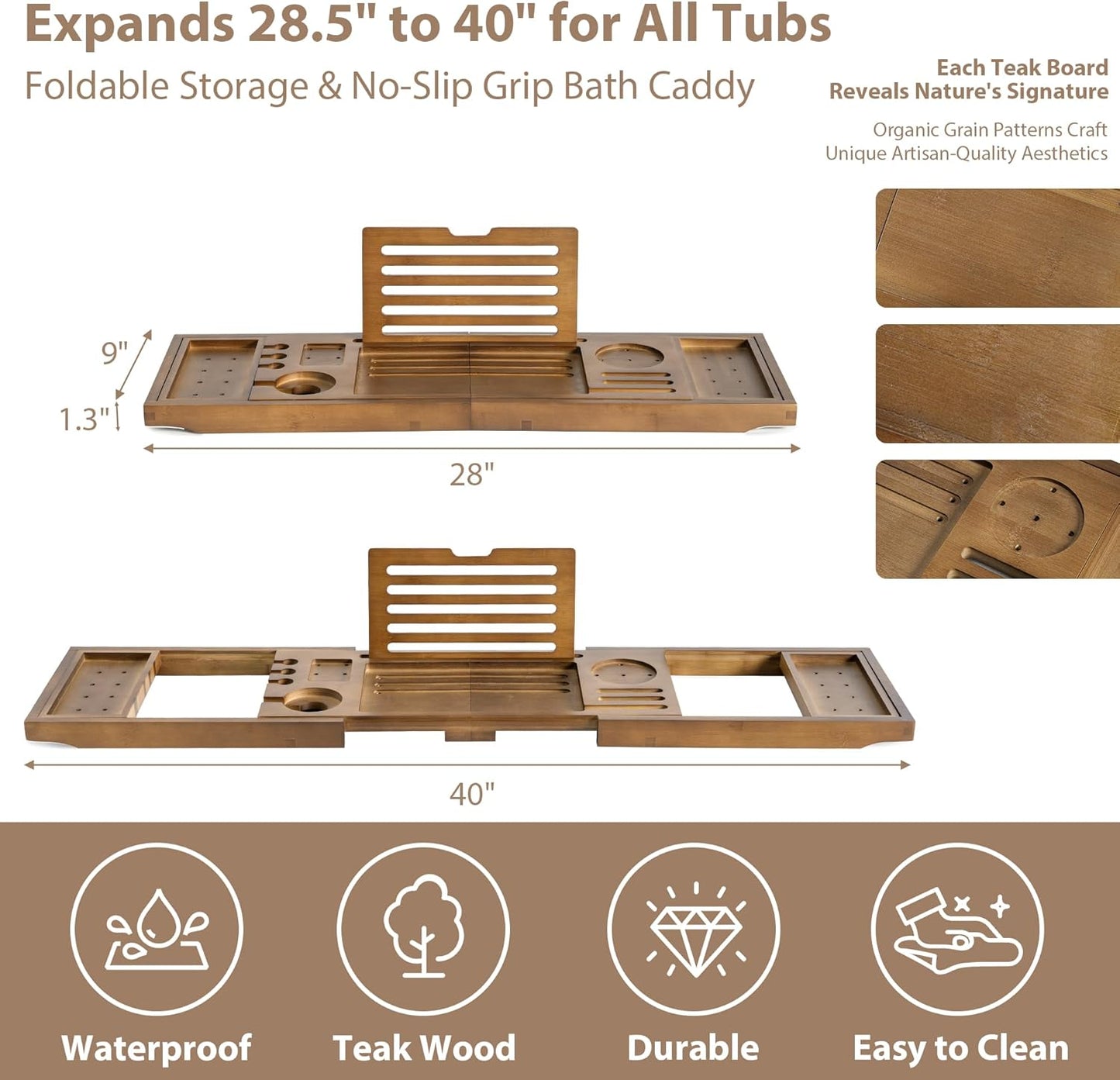 Bamboo Bathtub Tray Caddy - Splash-Proof Adjustable (28.5-40") with Wine Holder, Tablet Stand & Non-Slip Grip | Spa-Grade Organizer for Bath Essentials & Reading- Walnut