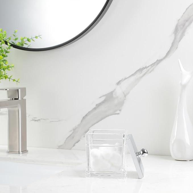 Apothecary Glass Cotton Jar Holder Silver Stainless Steel Lid, Elegant Bathroom Storage Canister for Qtips, Cotton Balls, Floss, Makeup Organizer, Vanity Bathroom Organization