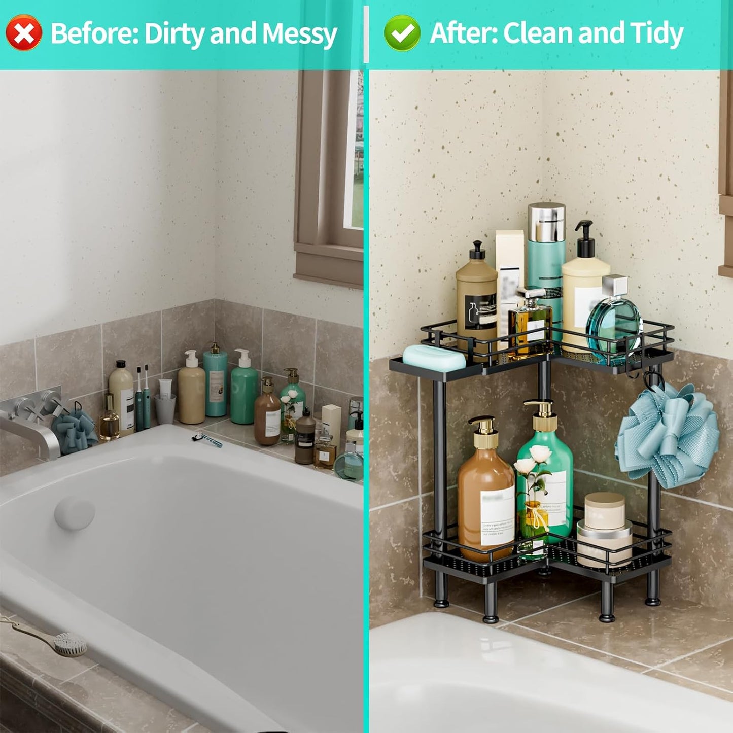 HapiRm Corner Shower Caddy Standing - 2 Tier Shower Organizer Corner with Soap Holder, Rustproof Bathroom Standing Organizer with 2 Hooks, Black