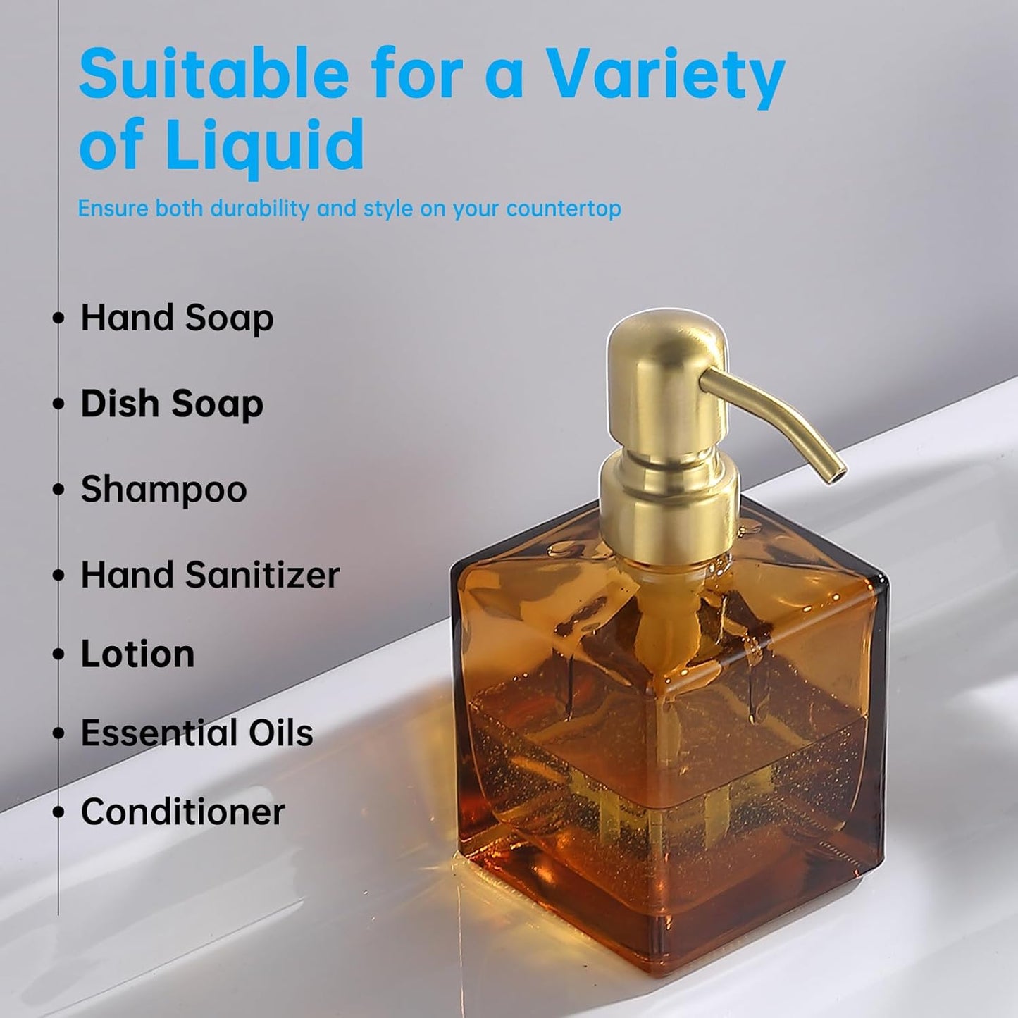 Square Bathroom Soap Dispenser Amber Bottle with Brushed Gold Pump, Retangle Cube 8.4 oz Glass Bottles with Stainless Steel Pump Hand Liquid Soap Dispenser Kitchen