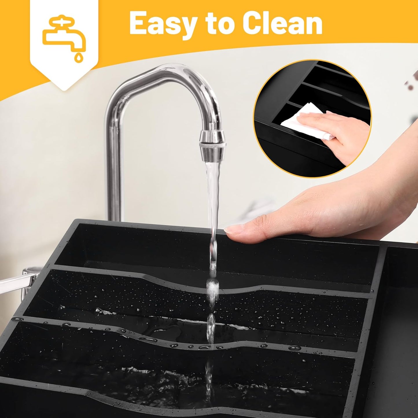 Kitchen Bamboo Silverware Organizer, Kitchen Drawer Organizer - Utensil Holder and Cutlery Tray with Grooved Drawer Dividers for Flatware 7 Slot, Black