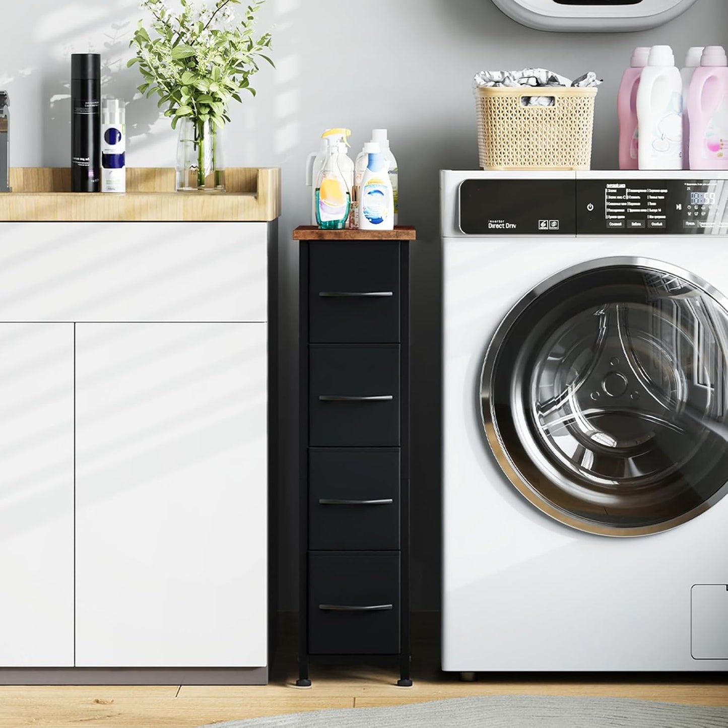 Somdot Narrow Dresser with 4 Drawers, Slim Storage Chest of Drawers with Removable Fabric Drawers for Closet Small Spaces Bathroom Bedroom Laundry, Black Rustic Brown Top