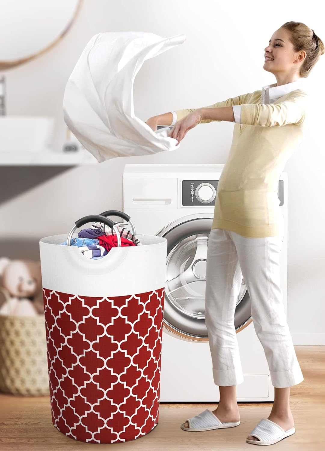 Large Laundry Basket Laundry Hamper Bag Washing Bin Clothes Bag Collapsible Tall with Handles Waterproof Travel Bathroom College Essentials Storage for College Dorm, Family, 82L (Red)