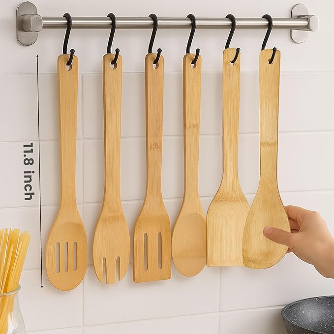HAKSEN Bamboo Wooden Spoons for Cooking 6-Piece, Nonstick Bamboo Kitchen Utensils Set Wood Spatulas Spoons for Daily Use, Housewarming Gifts