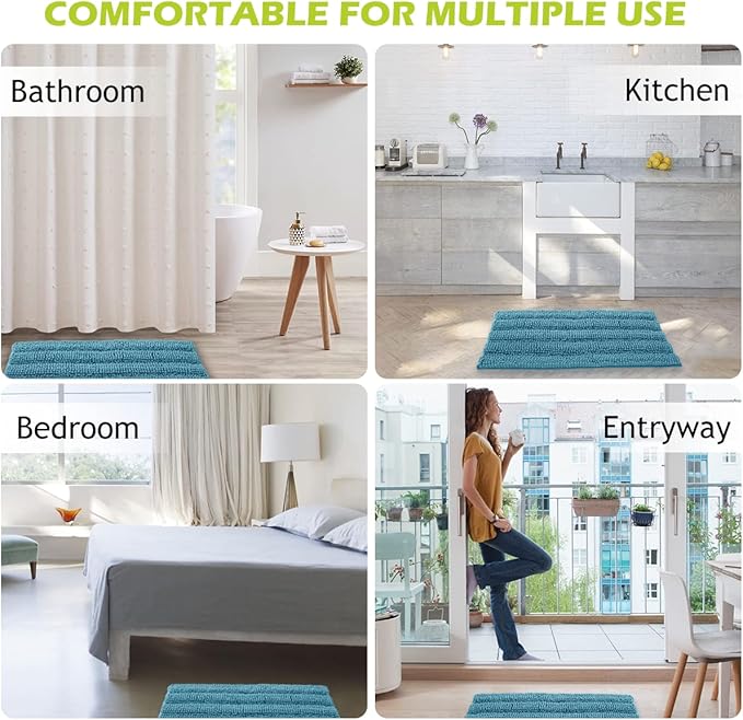KGORGE Chenille Kitchen Rugs - Non-Slip Water Absorbent Floor Mats for Bathroom Toilet Shower Easy Wash Super Soft Quick Dry Area Carpet Rug, Bluish Green, 20" W x 32" L, 1Pc