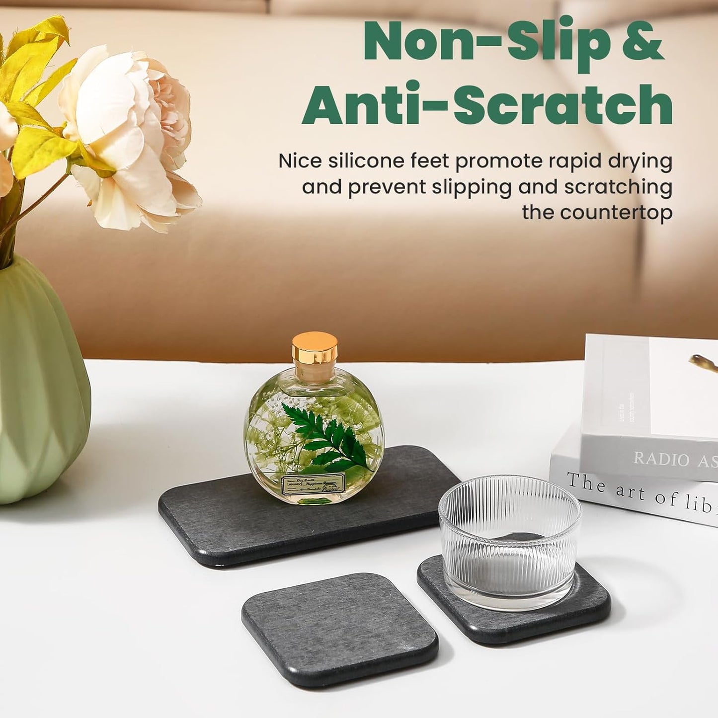 3PCS Water Absorbing Diatomaceous Earth Tray for Sink, Fast Drying Soap & Toothbrush Holders for Bathroom Counter, 1 Stone Tray, 2 Stone Coasters