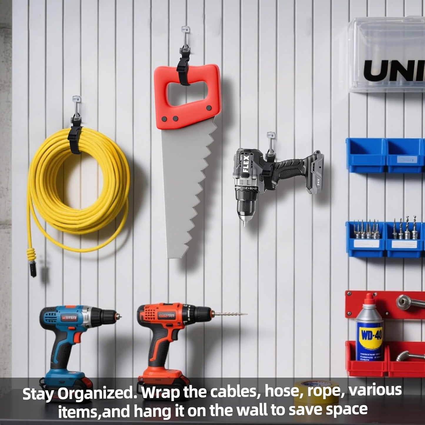 17 Inch Extension Cord Holder Organizer with Triangle Clips for Garage Organization and Storage, Adjustable Heavy Duty Storage Straps for Men Workshop (12)