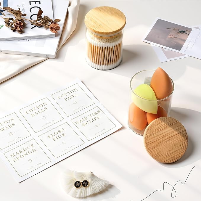 Luxspire 2 Pack Glass Qtip Holder Dispenser, 13.4 oz Cotton Swab Holder with Bamboo Lids, Glass Apothecary Jars Bathroom Accessories Canisters for Cotton Swabs, Balls, Pads, Floss Picks