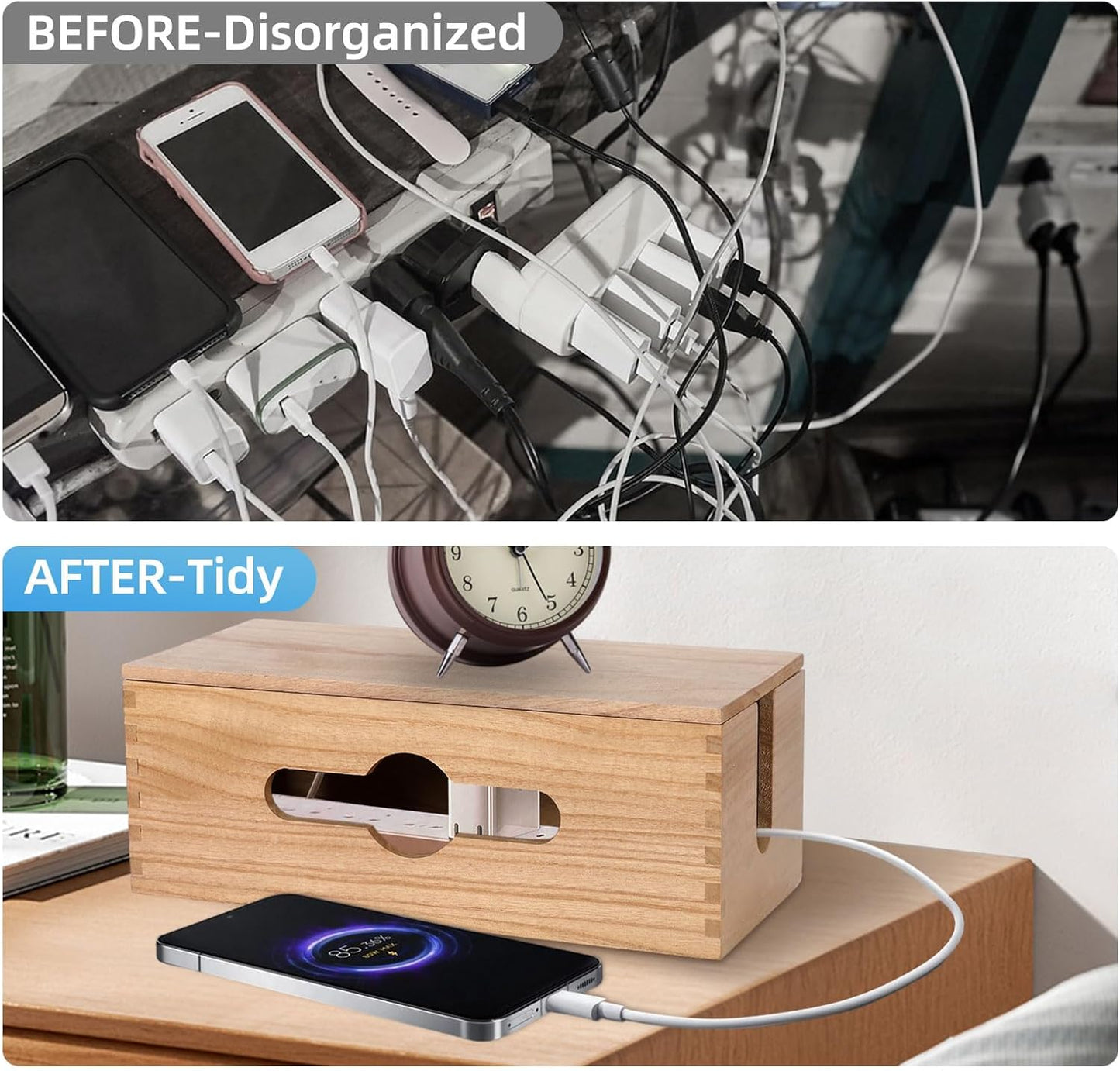 3PCS Wooden Cable Management Box Kit Wooden Cable Hider Storage Box Cord Organizer to Hide Cords & Wires for Desk Organization Protector Box for Home Office Kitchen Desk TV Computer Wires (S + M + L)