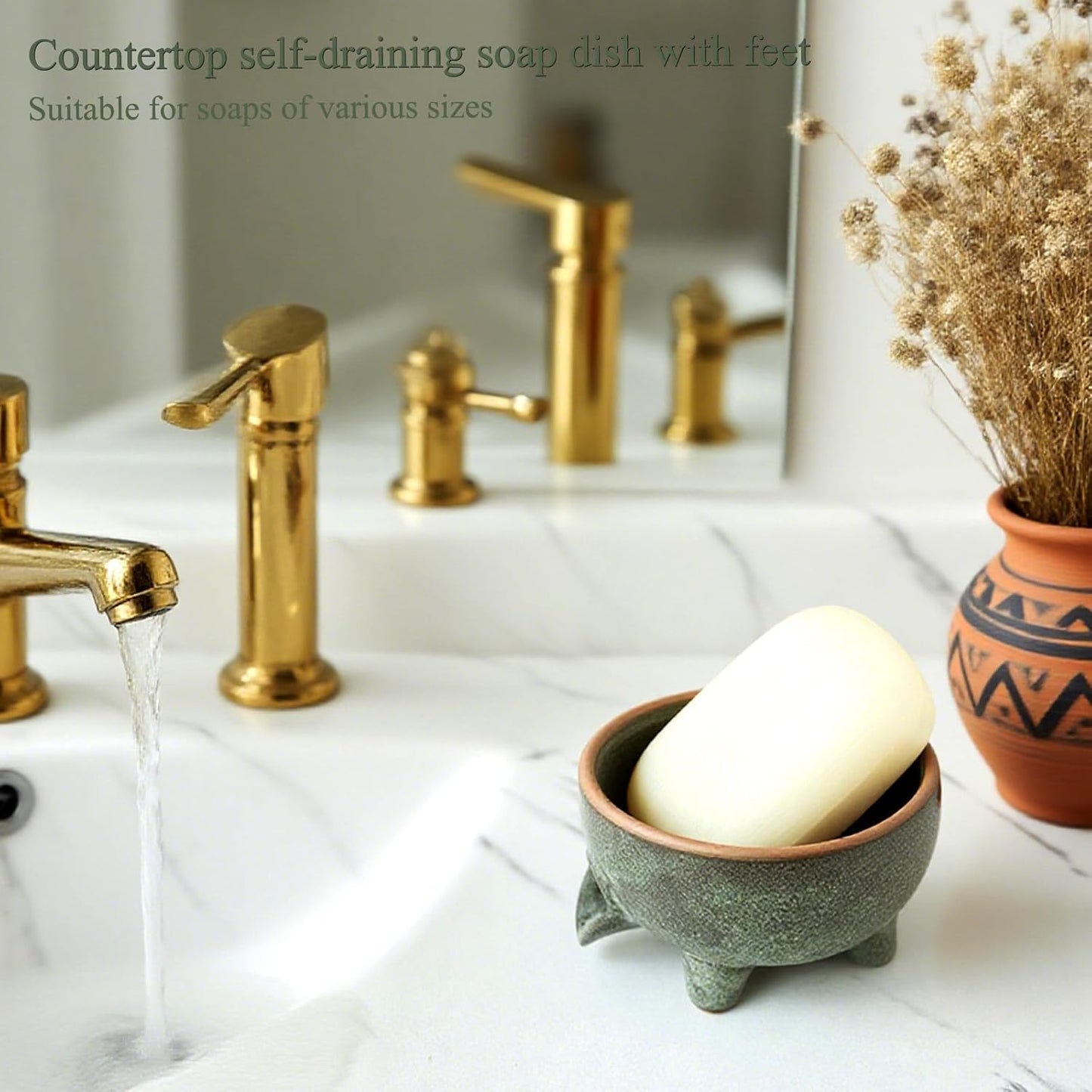 Soap Dish with Drainage,Ceramic Self Draining bar Soap Holder for Shower,Bathroom,Sink,Kitchen and Countertop,Keeps Bars Dry& Lasts Longer,Avocado Green