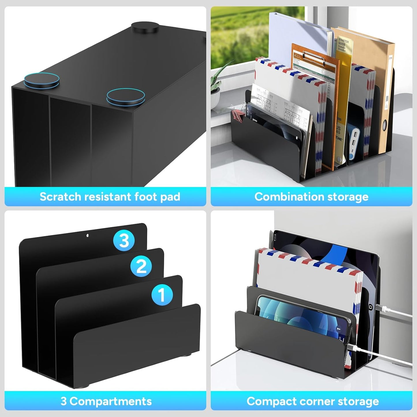 Mail Organizer Countertop, Small Desk File Organizer, Metal File Holder - Essential Workspace Organizers for Office Desk, Home Office (Black)