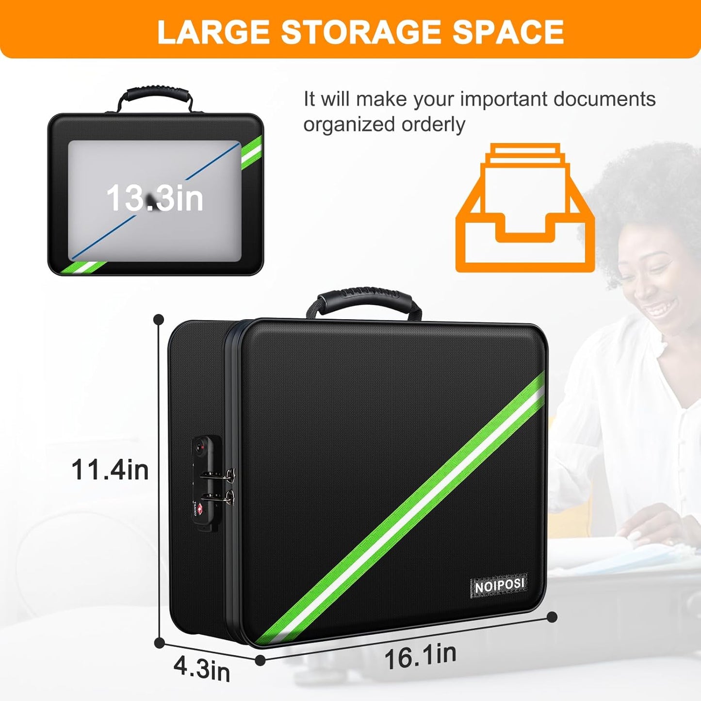 Noiposi 5200℉ Fireproof Document Box, 16.1x 11.4x4.3 Inch Waterproof and Fireproof Document Organizer,Portable Home Travel Safe Storage Box for Legal Size Documents,File and Birth Certificate,Black