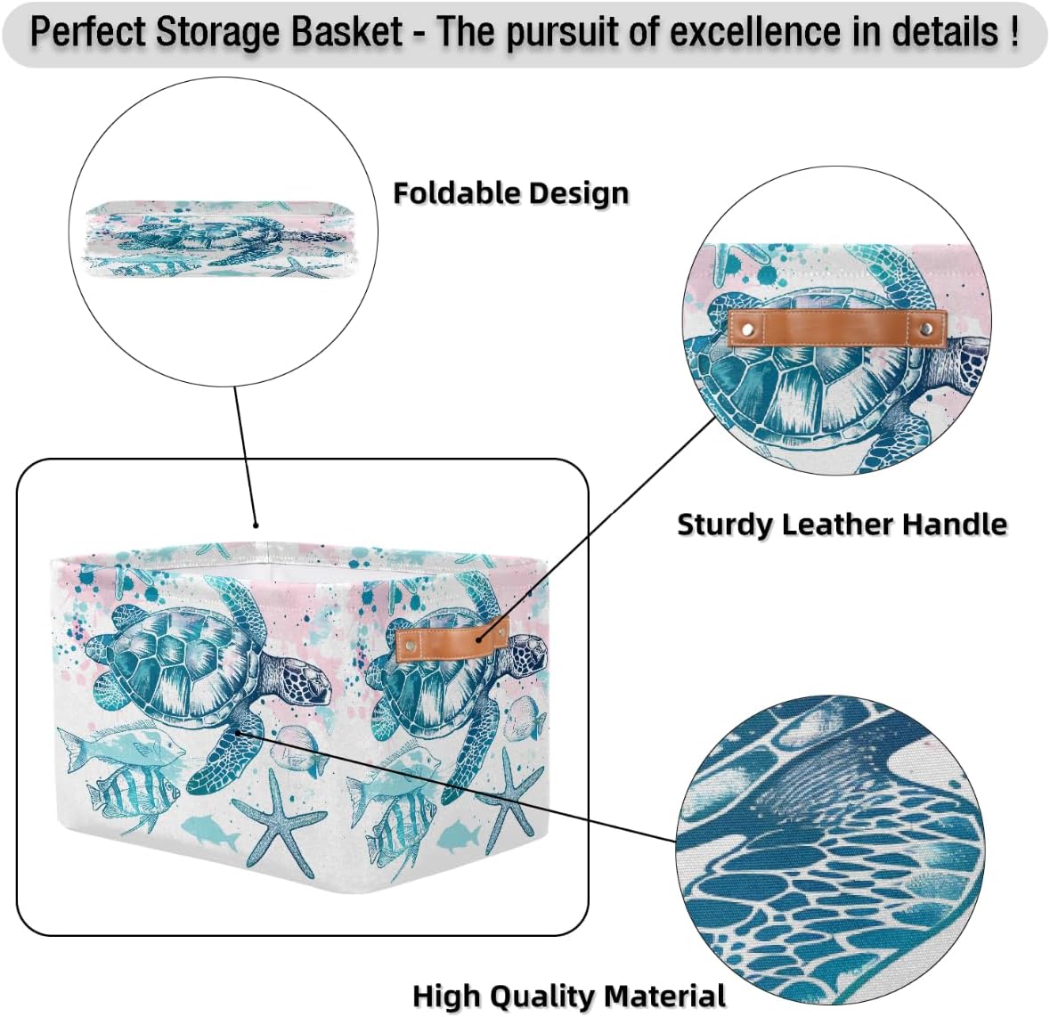 Sea Turtle Starfish Storage Basket for Shelves, Storage Bins with Handles, Collapsible Basket for Organizing, Closet Toy Baskets for Nursery Room, 15x11x9.5 in, Canvas, Ocean Tropical Fish