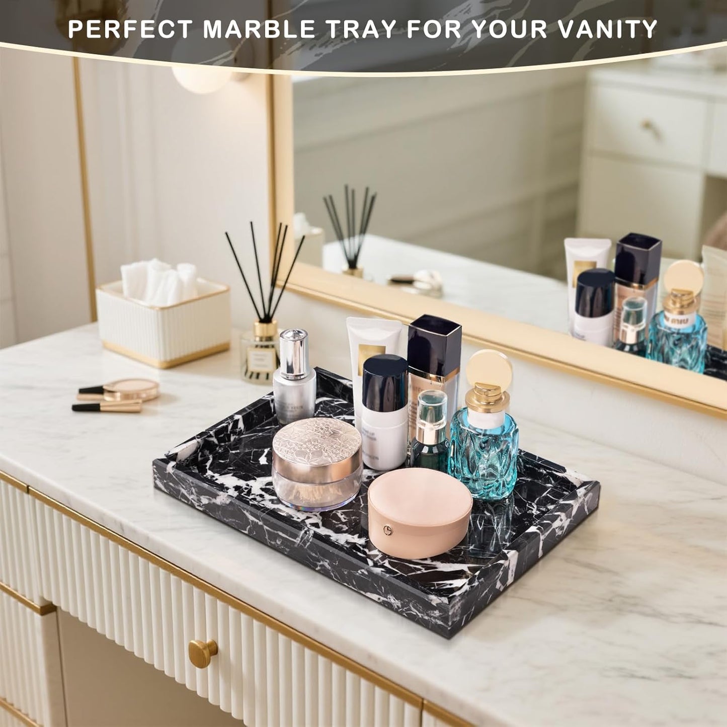 Marble Bathroom Tray for Countertop & Home Decor, Natural Decorative Marble Tray for Jewelry & Perfume Organizer, Luxury Stone Vanity Trays for Dresser, Kitchen Counter, 12" x 8", Black