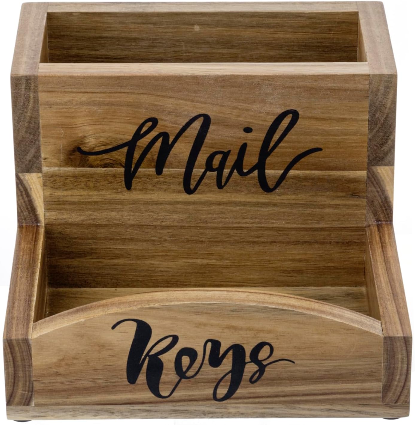 MyGift Premium Acacia Solid Wood Mail Holder and Key Organizer, Entryway Storage Tray or Office Desktop Organizing Bin with Black Cursive Lettering Labels