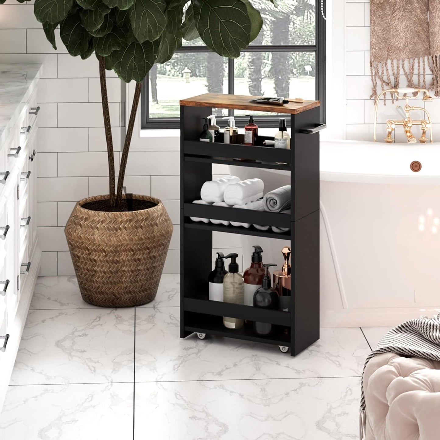 TEAMIX 4 Tier Slim Storage Cart with Handle, Slide Out Storage Rolling Utility Cart Mobile Shelving Unit Organizer Trolley for Small Spaces Kitchen Laundry Narrow Places (Black+Brown, 7-7/8'' W)