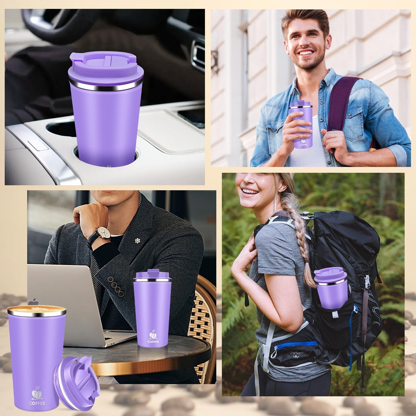 Insulated Travel Coffee Mug Reusable Coffee Tumbler Cup with Flip Lid Leak Proof Spill Proof for Office School Party Camping Hot and Cold Drink,Stainless Steel 17oz (Purple)