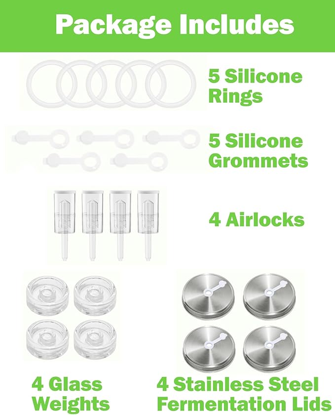 Fermentation Kit for Wide Mouth Mason Jar with 4 Glass Fermentation Weights,4 Fermenting Lids,4 Airlocks,5 Silicone Rings & 5 Silicone Grommet for Sauerkraut and Vegetables (Jar Not Included)