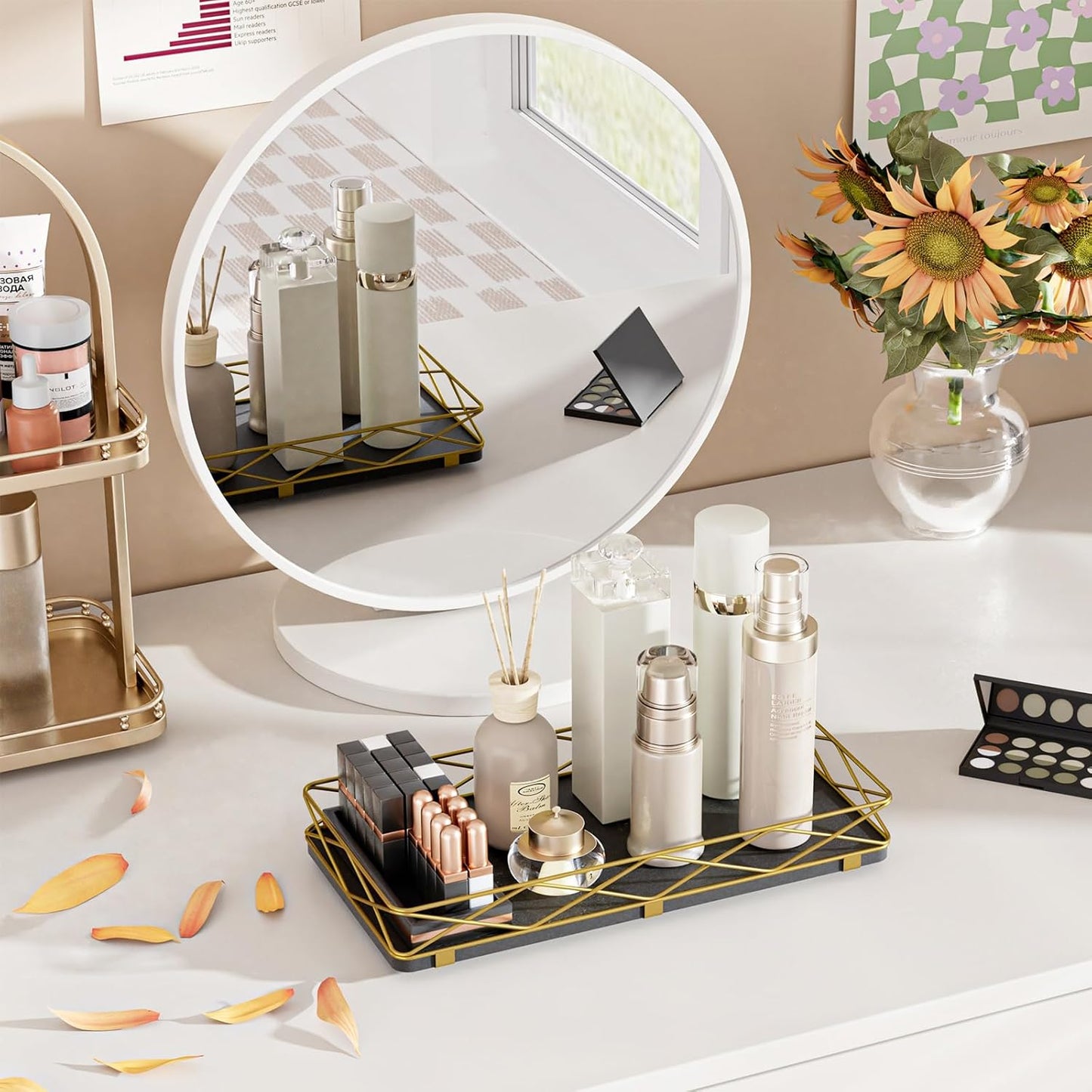 Toilet Paper Basket Holder, 13" Bathroom Tray Countertop, Wood and Metal Toilet Tank Tray Bathroom Vanity Organizer for Toiletry, Kitchen Sink Organizer for Soap Dispenser (Black + Gold)