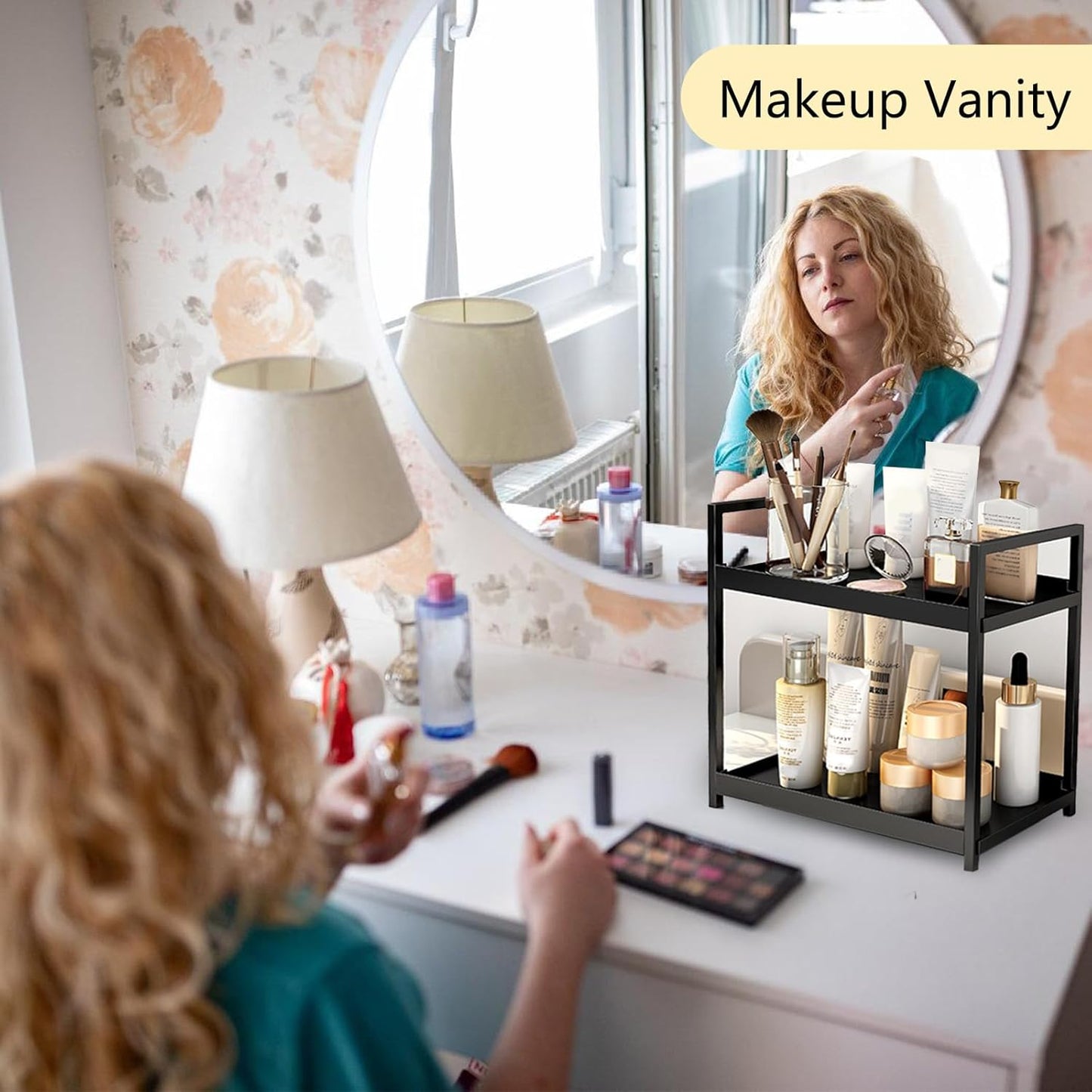 2-Tier Bathroom Countertop Organizer Multifunctional Vanity Tray Cosmetic and Makeup Storage Rack Kitchen Spice Shelf Freestanding Organizer (White)