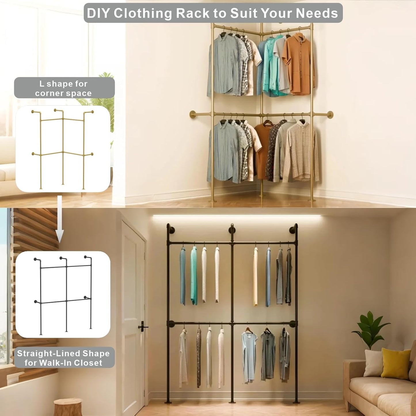 Industrial Pipe Gold Clothing Racks Wall Mounted, Rustic Gold Industrial Pipe Clothes Rack Design - Stylish & Heavy Duty Corner Garment Racks, Perfect for Home or Retail Display