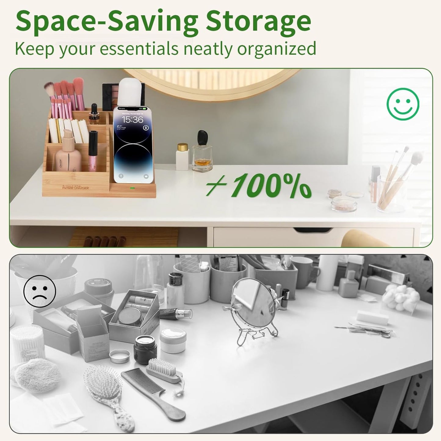 Bamboo Pen Holder for Desk & Nightstand Organizer with Fast Wireless Charging for iPhone, Samsung & More – Office Desk Accessories for Men/Women (Natural)