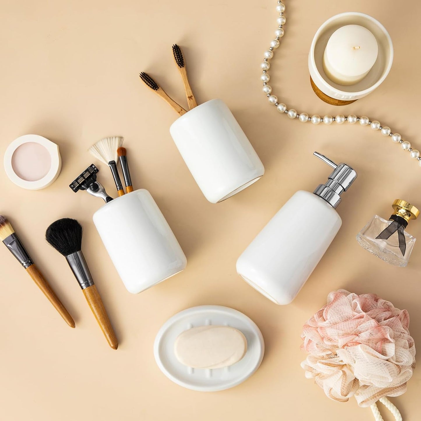 vancasso White Bathroom Accessories Set, Ceramic Soap Dispenser and Toothbrush Holder Sets, Stoneware 4 Pcs Bathroom Sink Set for Modern Home Decor