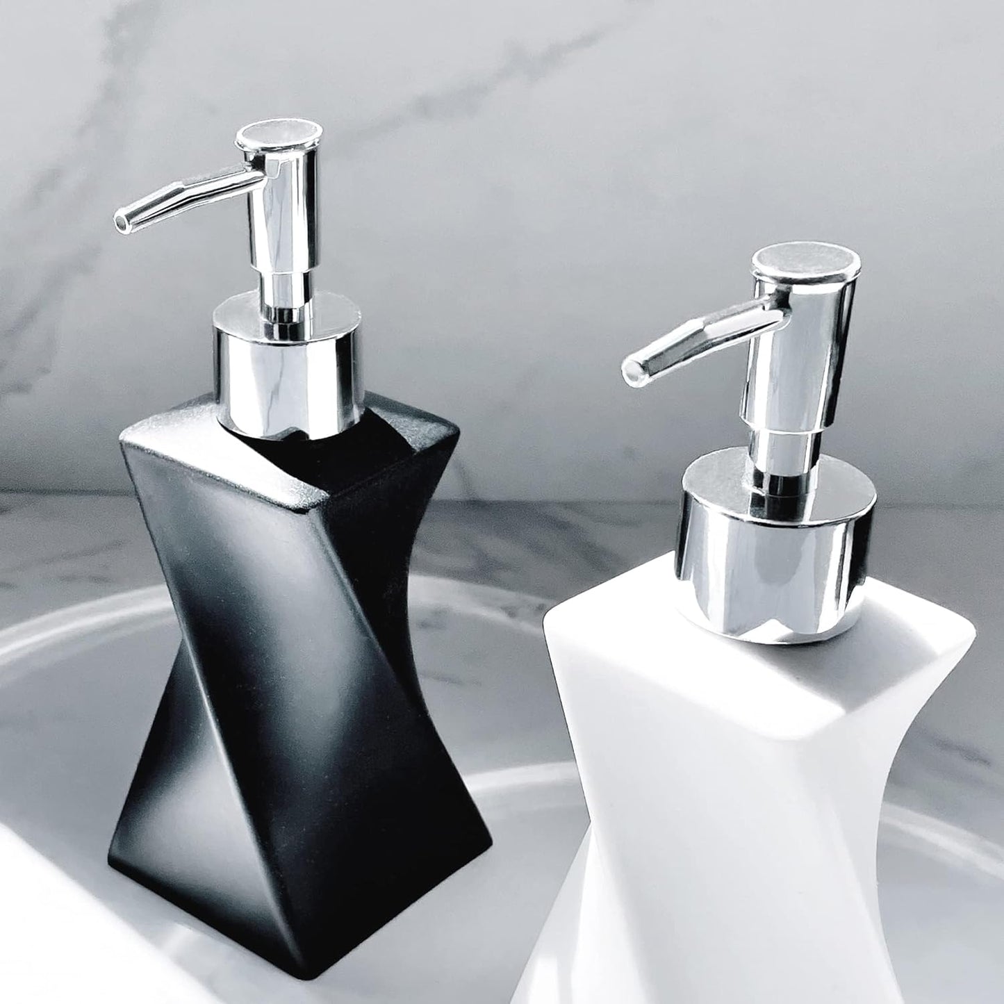 2 Pack Modern White & Black Soap Dispenser Set with Silver Pump for Bathroom and Kitchen, Contemporary Art Style, Matte Finish, Rust Proof, 8.5oz