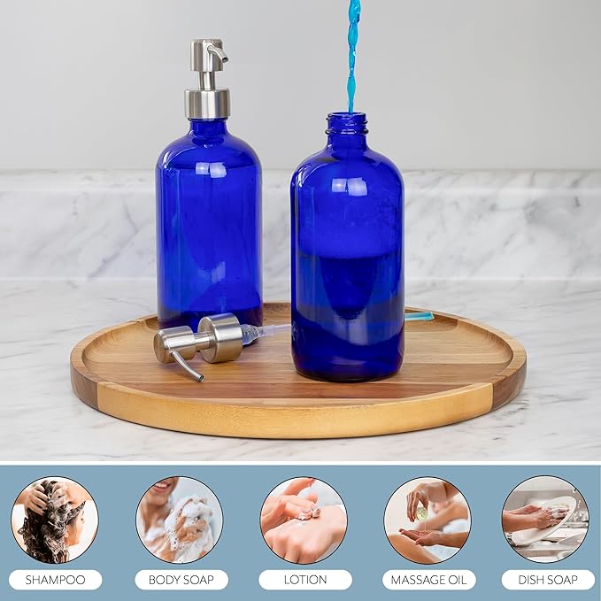Cornucopia Brands 16-Ounce Cobalt Blue Glass Bottles w/Stainless Steel Pumps (2-Pack), Soap Dispenser w/Lotion Pumps for Essential Oils, Lotions, Liquid Soap