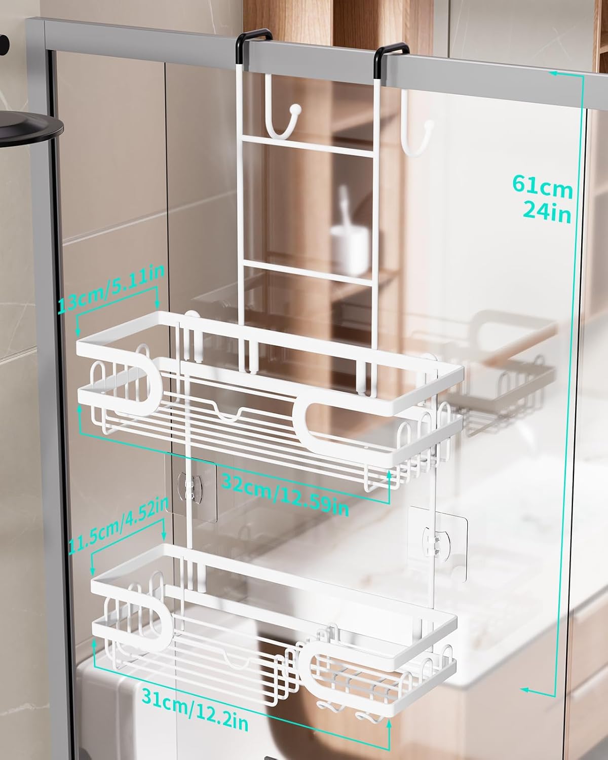 HapiRm Shower Caddy Over Door- Hanging Shower Organizer with 14 Hooks and Soap Holder, Rustproof & Waterproof Stainless Steel Bathroom Shelf - White