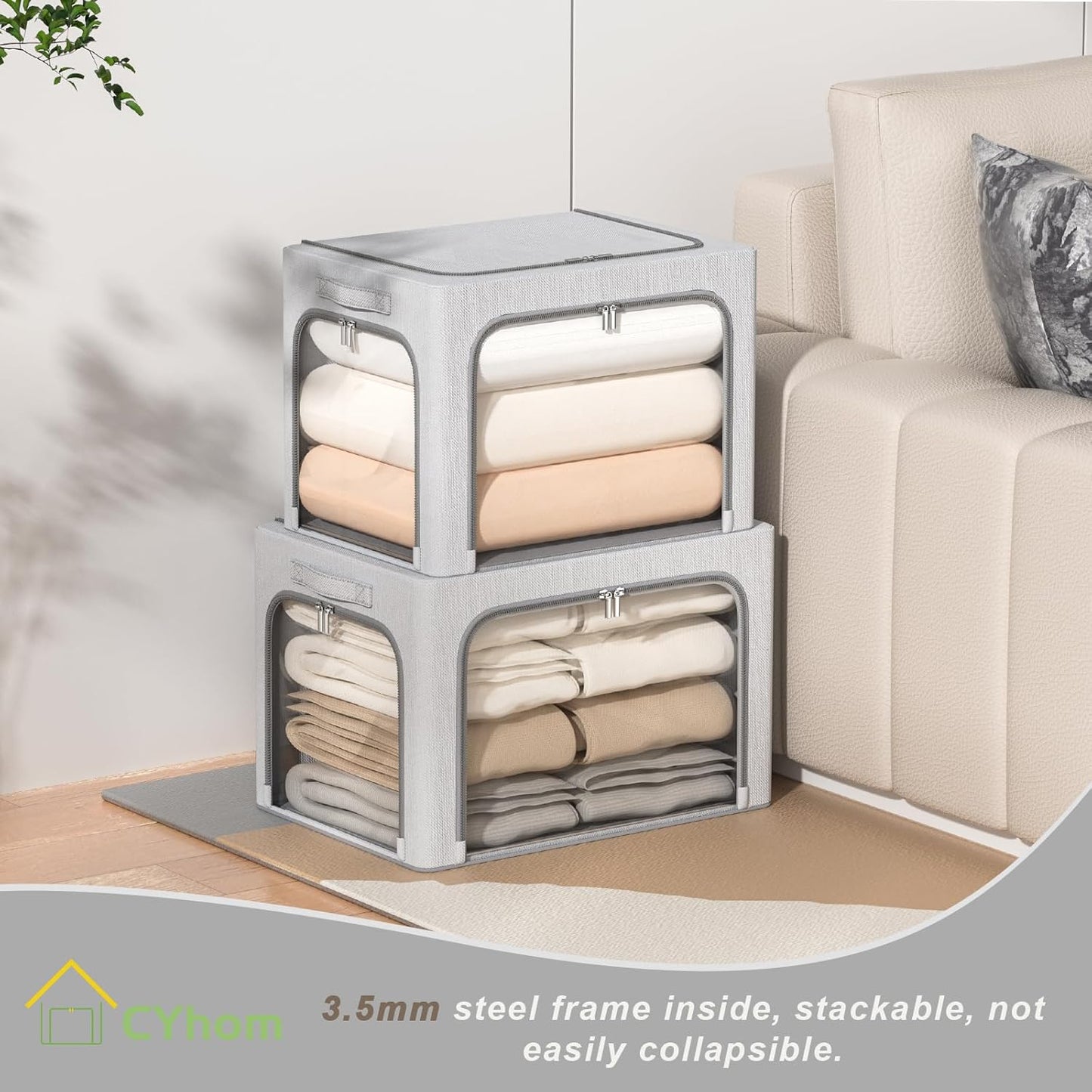 3 Openings Clothes Storage Bins Box - 3Pack Stackable Foldable Storage Bin - Metal Frame Storage Box Clothing Storage Organizer with Clear Window, Carry Handles (Light Grey, 100L-23.6x16.5x15.7in)