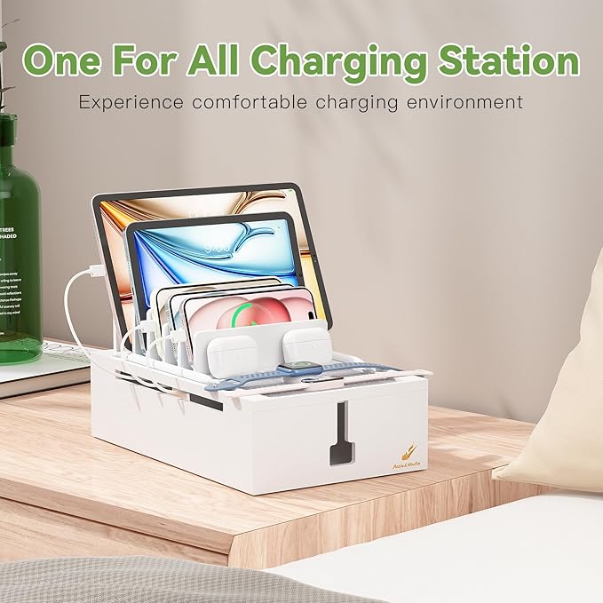 Pezin & Hulin Bamboo Charging Station for Multiple Devices, USB Charger Dock Organizer, with Power Supply (10 Ports HUB), 6 Cables, Cable Management Organizer for Cell Phones, Tablets -White