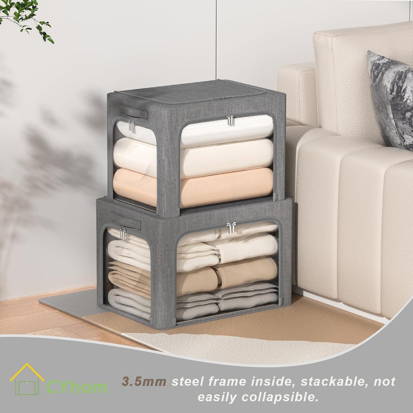 3 Openings Clothes Storage Bins Box - 3Pack Stackable Foldable Storage Bin - Metal Frame Storage Box Clothing Storage Organizer with Clear Window, Carry Handles (Drak Grey, 100L-23.6x16.5x15.7in)