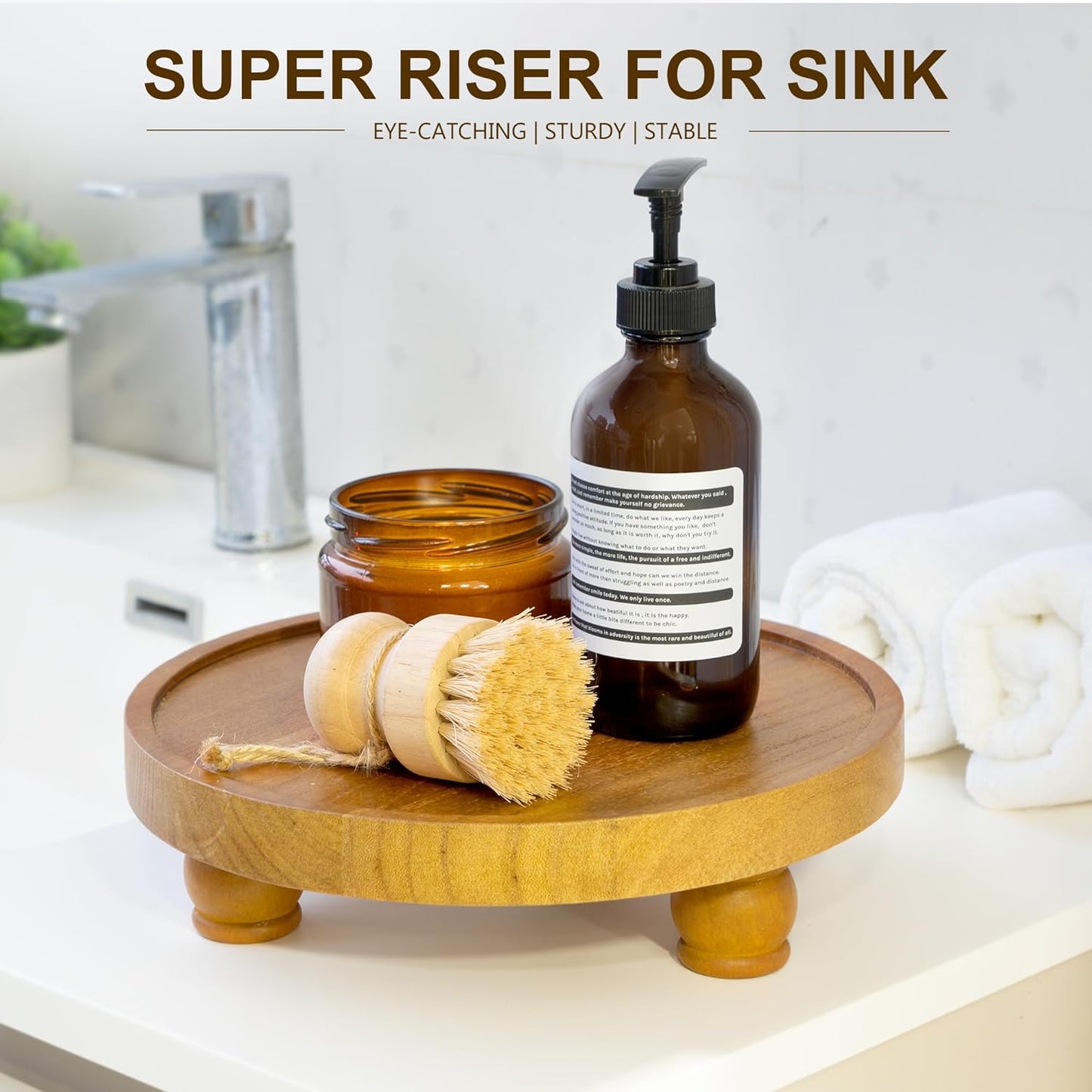 EOSAHR Farmhouse Round Wood Riser – Wooden Tray Pedestal Stand for Bathroom Decor & Kitchen Sink – Decorative Riser Display Stand for Cupcake, Candle and Sponge (Light Brown)