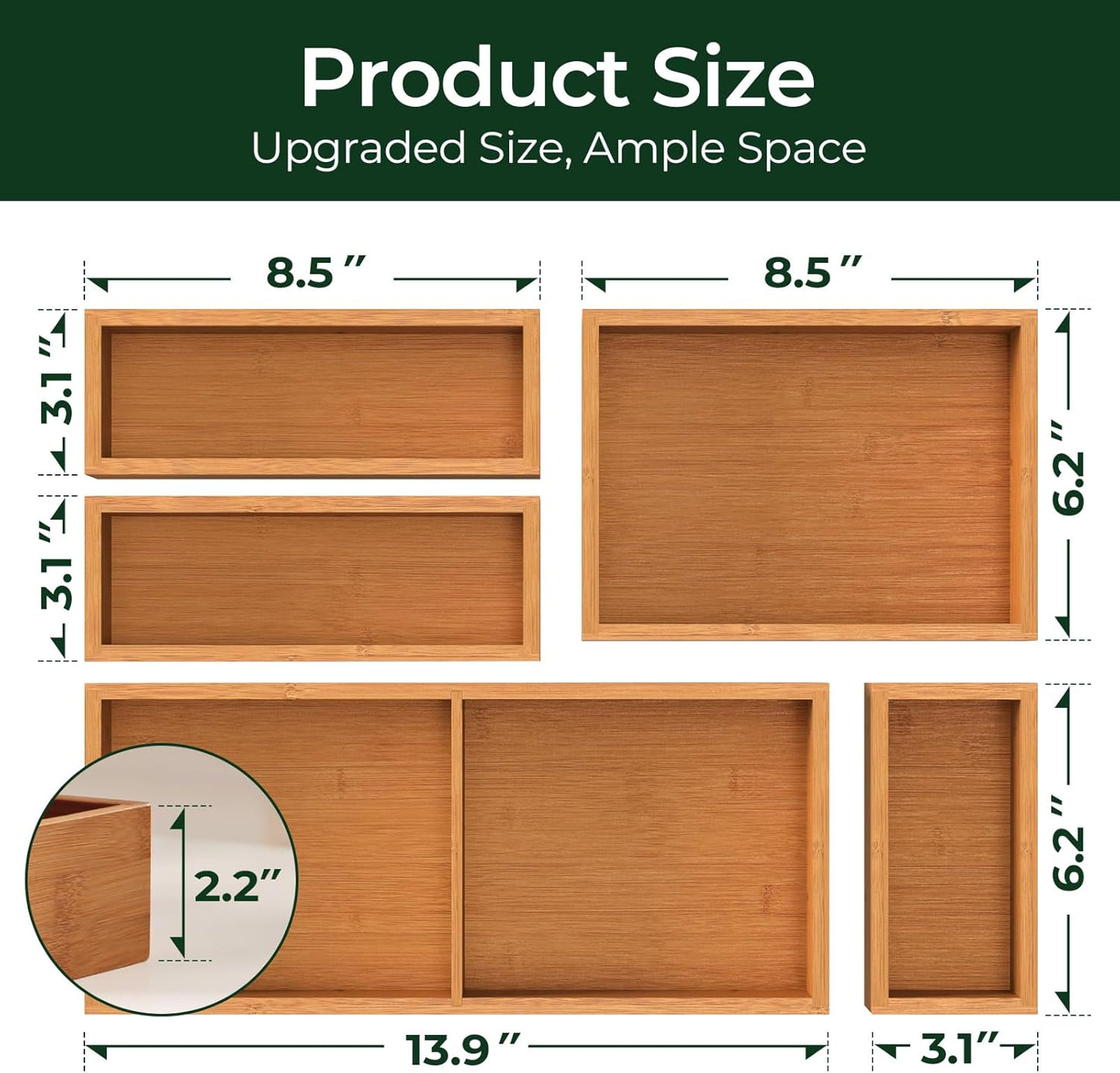 5-Piece Bamboo Drawer Organizer Set, 2.2" Deep Multi-Use Organizers for Utensils, Silverware, Cutlery, Desk, Bathroom, Junk Drawer & Makeup, Non-Slip Feet Included.