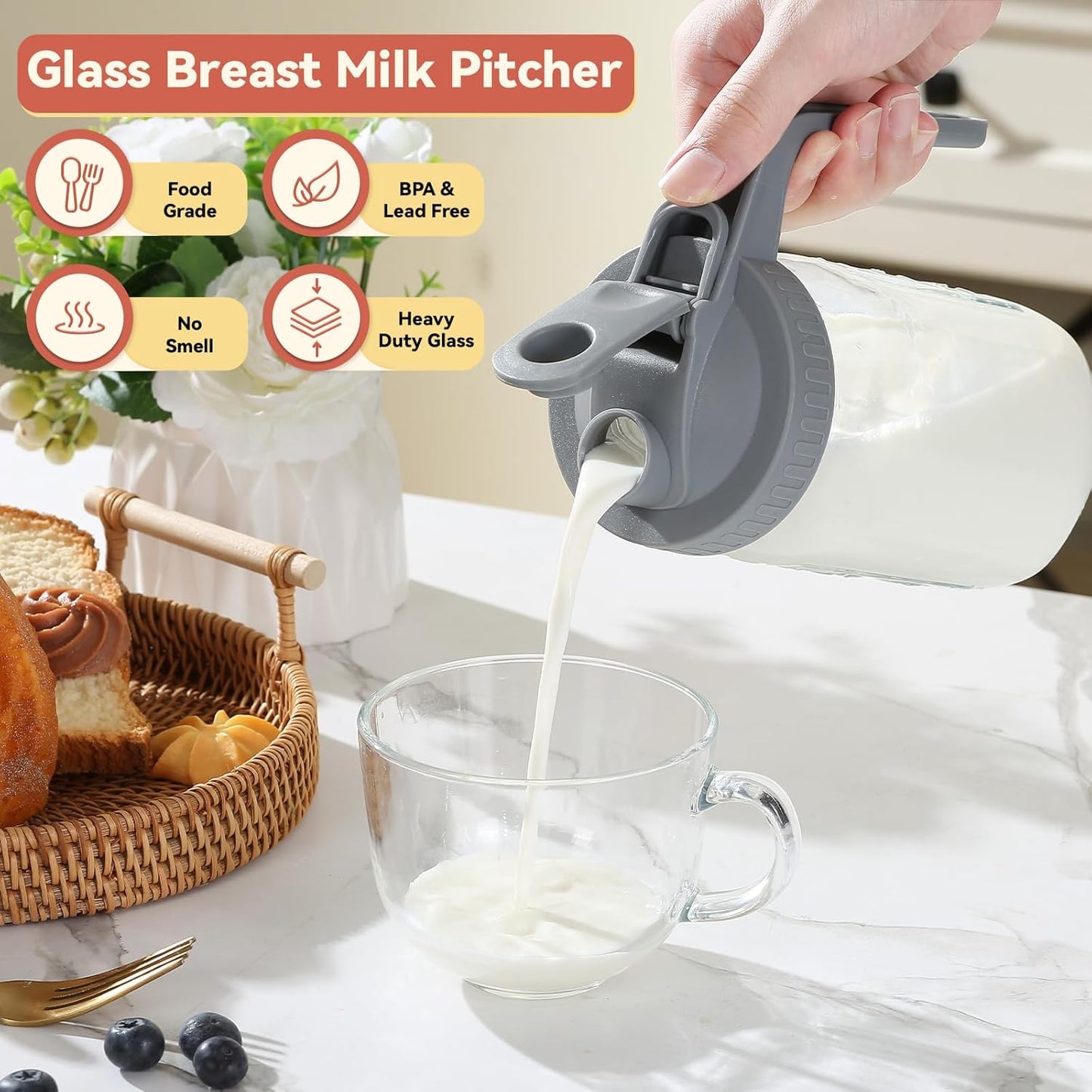 Novelinks 32OZ Glass Pitcher with Lid, Wide Mouth Mason Jar Pitcher, Leak-proof Water Jug for Juice, Milk,iced Coffee Lemonade Tea,1 Pack