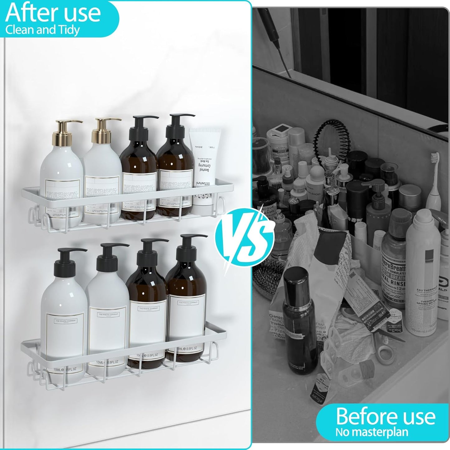 Shower Caddy Organizer with Hooks,Self Adhesive Bathroom Shelves,No Drilling Bathroom Organizers and Storage,Perfect for RV, Apartment, Home Decor,2 Pack White