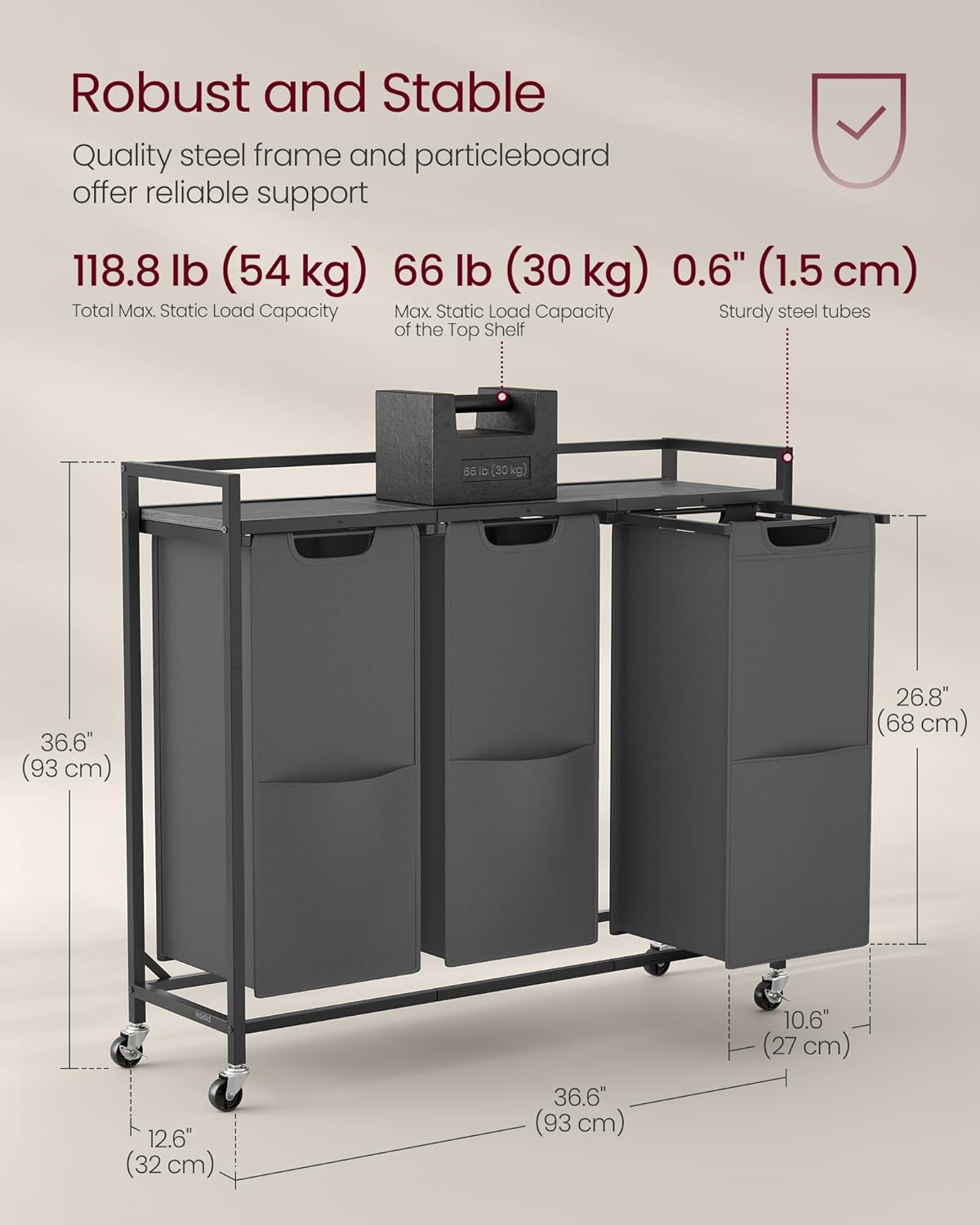 VASAGLE Laundry Sorter, 43.5 Gal. (165 L) Laundry Hamper Basket with 3 Compartments, Rolling Cart with Wheels, Shelf, Removable Bags, Pockets, Slate Gray and Charcoal Gray UBLH031G01