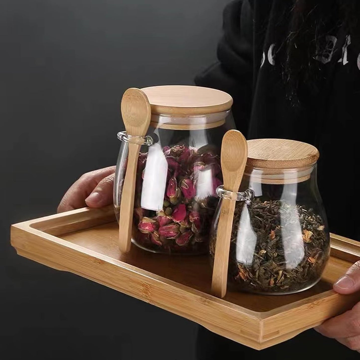Airtight glass jar storage container with bamboo lid Set of 2, wide mouth, leak-proof, With a spoon, can be used for coffee beans, tea leaves, grains, dried fruits, etc (Small)