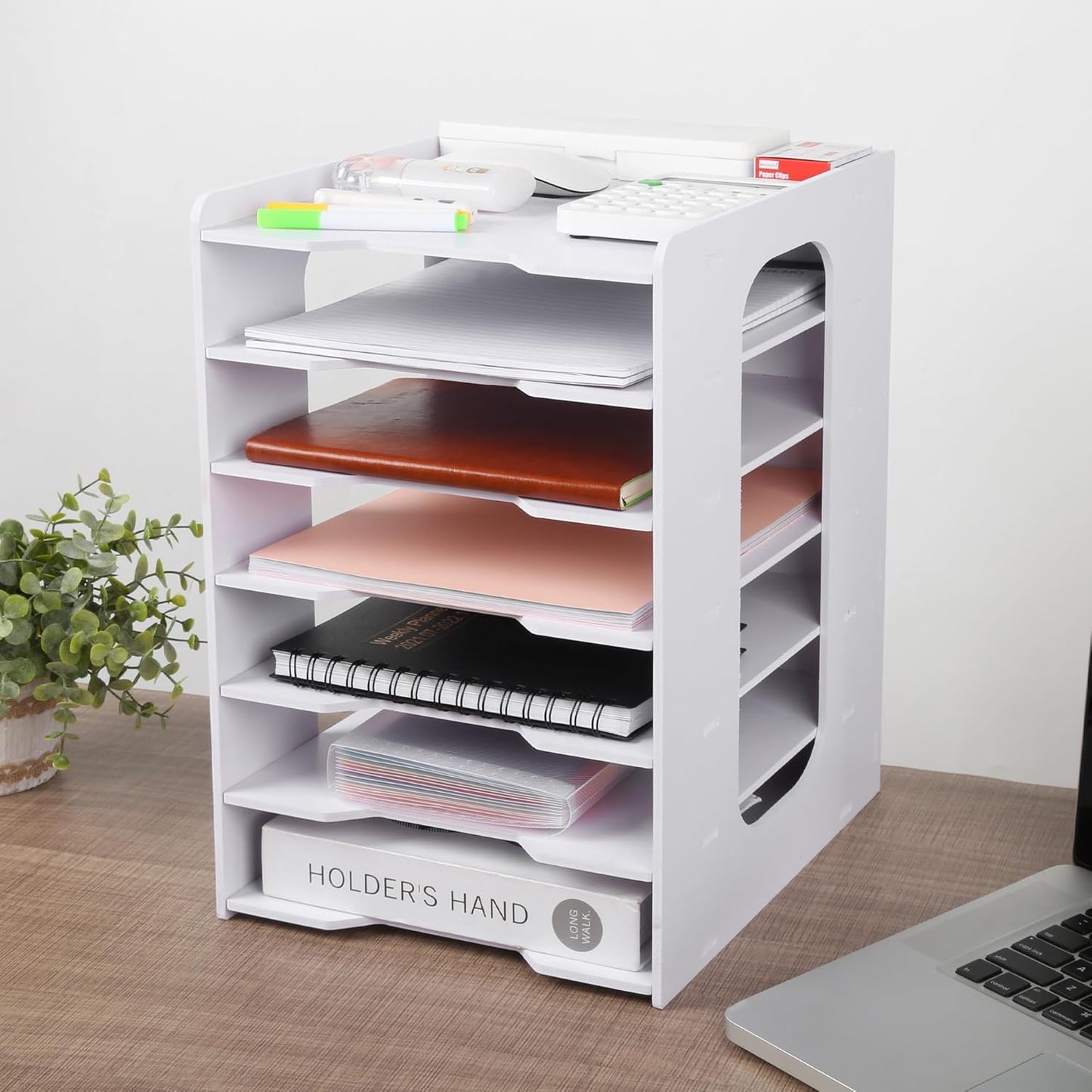 Paper Organizer Storage for Desk, 7 Tier Construction File Organizer Paper Sorter, Desktop Document Storage Holder for Home Office School, White