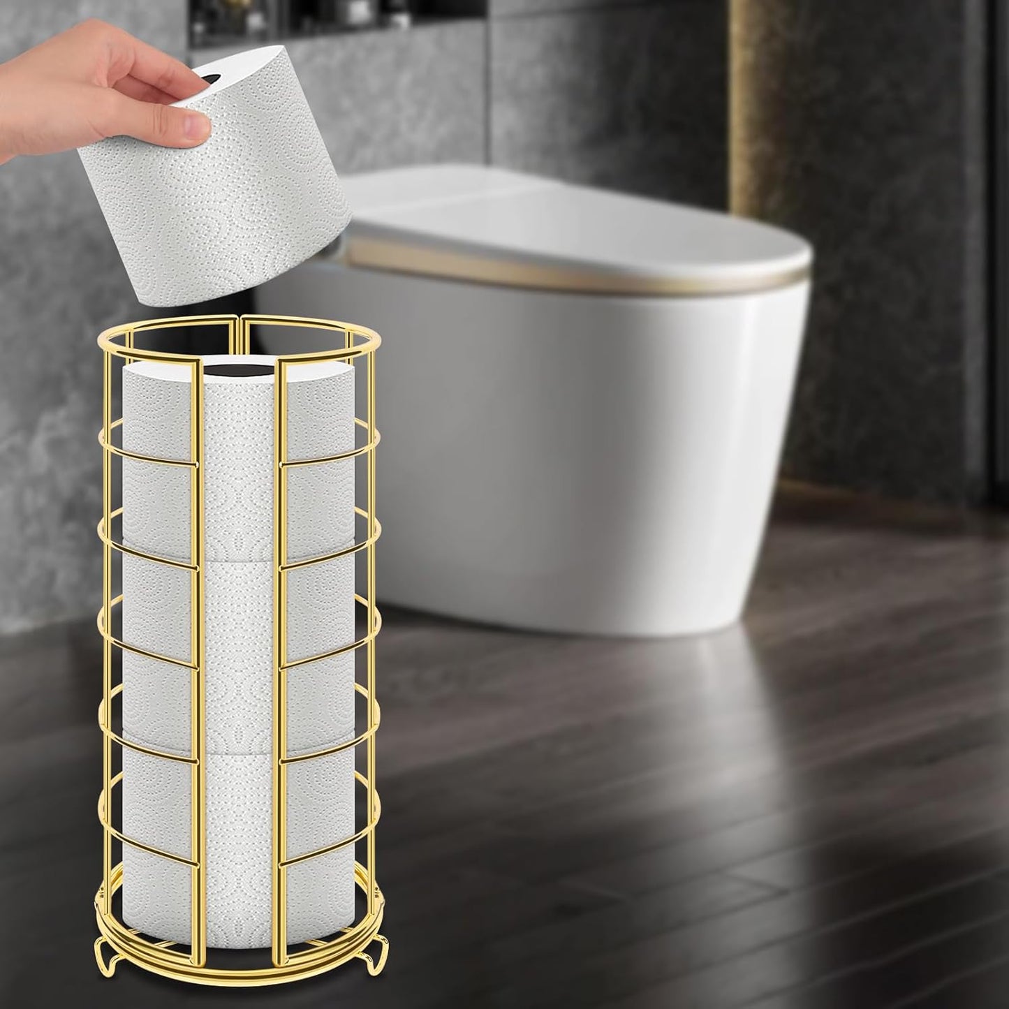 NearMoon Toilet Paper Organizer Stand, Free Standing 3 Rolls Tissue Storage, Metal Bathroom Accessory, Rustproof Toilet Roll Holder for Kitchen Countertop Inside Cabinet Shelf(Metal Base, Gold)