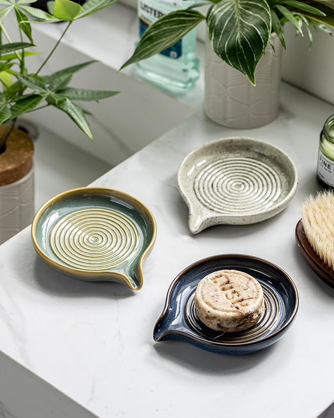 Soap Dishes, Ceramic Shower Soap Dish with Waterfall Design Bar Soap Holder Self Draining Soap Saver for Shower, Bathroom, Sink, Kitchen and Countertop, Blue