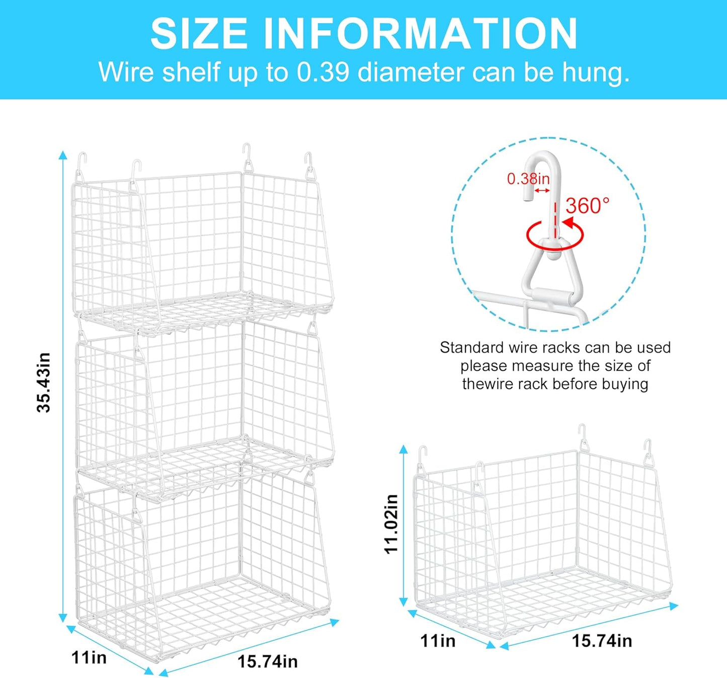 3-Pack Large Hanging Laundry Basket: Wire shelves for Laundry Room Organization with 360°Rotating Hooks Foldable Space Saving Over Washer and Dryer Shelves -Metal Laundry Basket Holder, White Patent