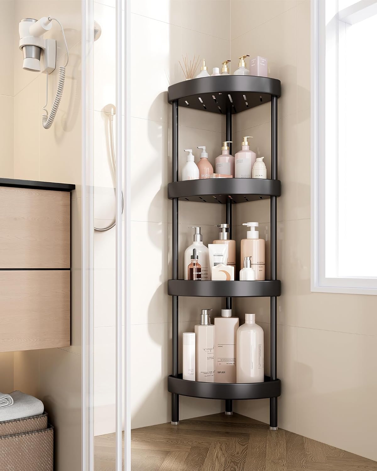 Nieifi Corner Shower Caddy Stand-4 Tier Rustproof Anodized Aluminum Standing Shower Organizer-Shower Caddy Corner-Dual Stability to Anti-Shaking-Height-Adjustable Legs for Uneven Surfaces-Black