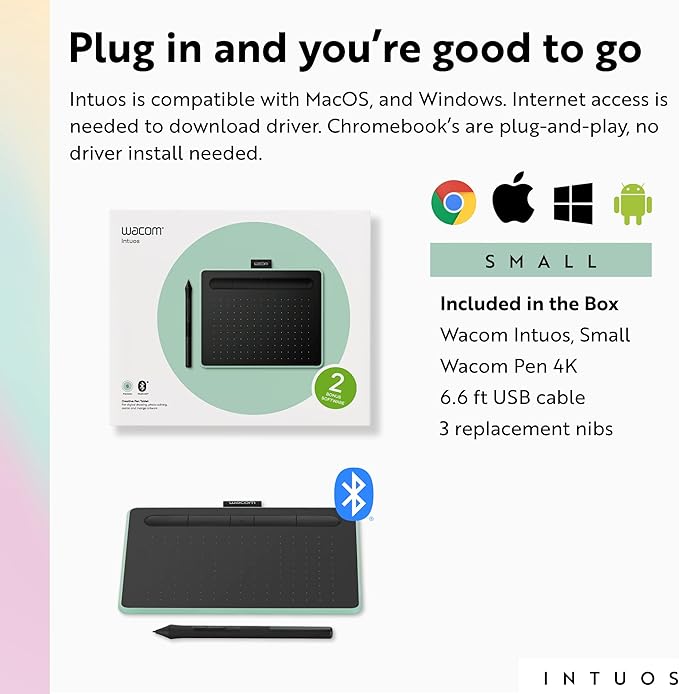 Wacom Intuos Small Bluetooth Graphics Drawing Tablet, Portable for Teachers, Students and Creators, 4 Customizable ExpressKeys, Compatible with Chromebook Mac OS Android and Windows - Pistachio