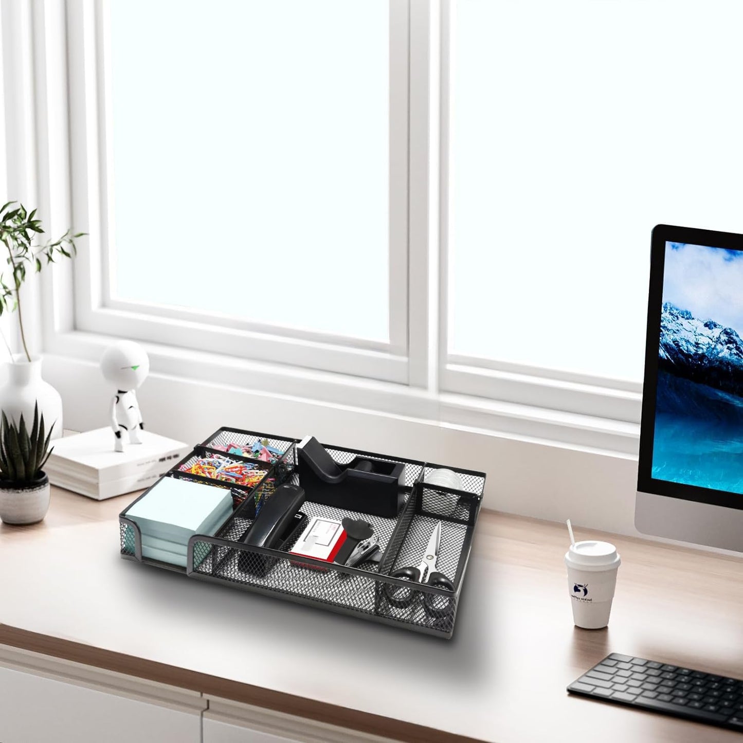 Black Office Desk Accessories, Black Office Supplies Set, Desk Drawer Organizer,Stapler and Tape Dispenser Set,Tape,Staple Remover, Staples, Paper Clips, Scissor and Sticky Note